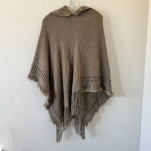 Y2K Love Crazy Hooded Poncho Shawl Brown Knit Fringe Boho Womens Os